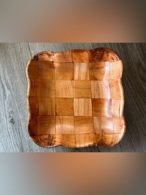 Parquet Patchwork Checkerboard Pattern Vintage Woven Wooden Bowl Scalloped Edges